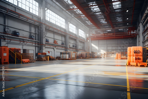 Spacious factory floor with machinery and vibrant orange accents