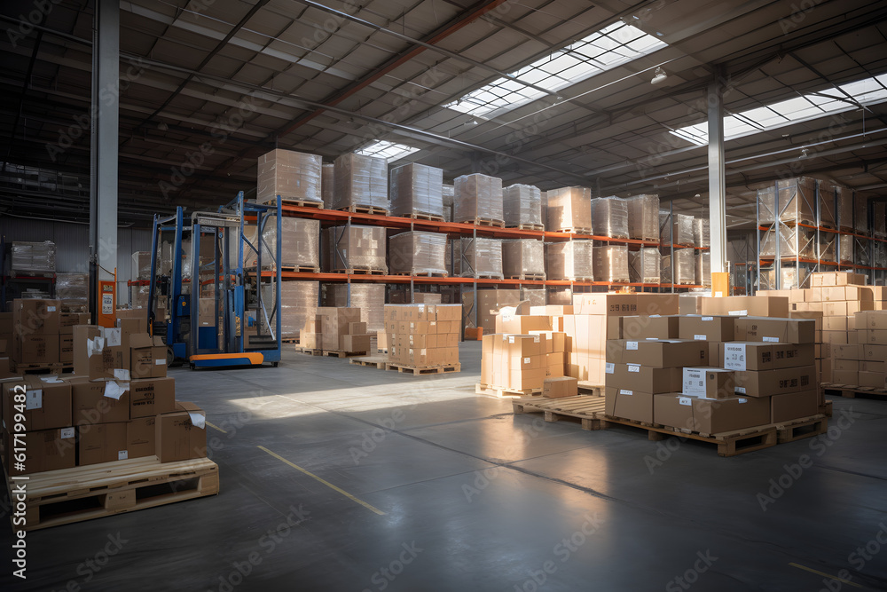 Large warehouse with boxes and tall shelves illuminated by natural light Large warehouse with boxes and tall shelves illuminated by natural light