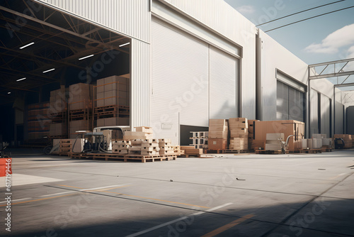 Exterior of a warehouse with stacked boxes under an open roof in daylight