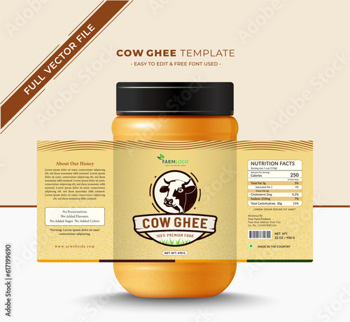 Cow butter ghee label sticker packaging for high quality premium print design,this label can use as dairy product farm, cream, natural, organic jam label,vector file easy to edit free font.