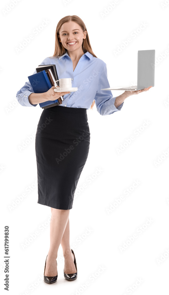 Young businesswoman with laptop, books and cup of coffee on white background. Balance concept Young businesswoman with laptop, books and cup of coffee on white background. Balance concept