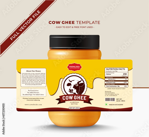 Cow butter ghee label sticker packaging for high quality premium print design,this label can use as dairy product farm, cream, natural, organic jam label,
vector file easy to edit free font.