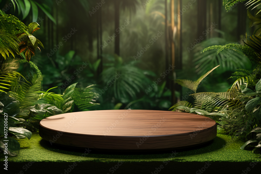 Wooden podium in tropical forest for product presentation and green background Wooden podium in tropical forest for product presentation and green background