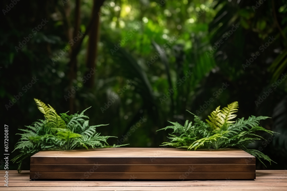 Wooden podium in tropical forest for product presentation and green background Wooden podium in tropical forest for product presentation and green background