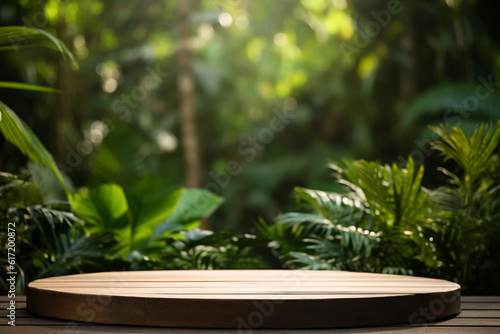 Wooden podium in tropical forest for product presentation and green background