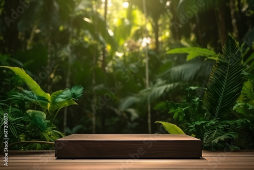 Wooden podium in tropical forest for product presentation and green background