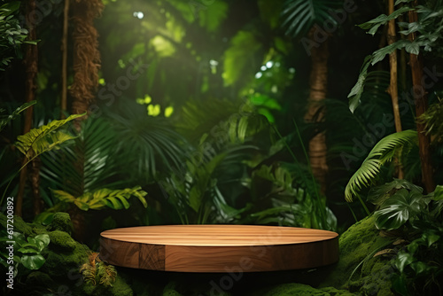 Wooden podium in tropical forest for product presentation and green background