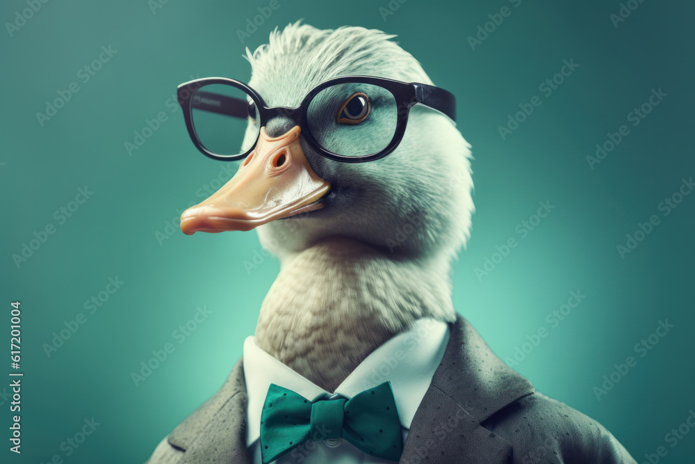 Anthropomorphic Duck in a suit like a businessman. Business Concept. AI generated, human enhanced - obrazy, fototapety, plakaty 