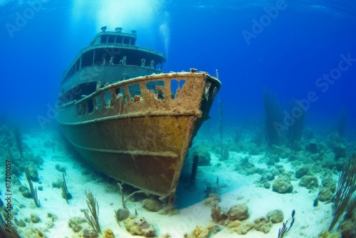 A ship at the bottom of the sea or ocean. Background with selective focus. AI generated, human enhanced