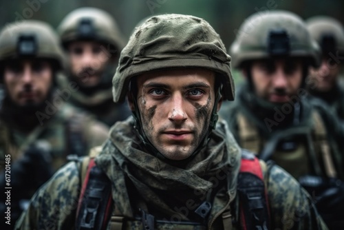Portrait of a European army soldier in the ranks with selective focus. AI generated, human enhanced © top images