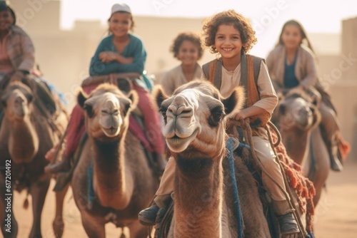 Children on camels in the desert. Background with selective focus and copy space. AI generated, human enhanced