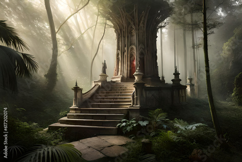 Ancient Ta Promh temple in the jungle, Cambodia. Digital painting. Artistic concept painting of an ancient temple, background illustration. High quality photo. AI generated image