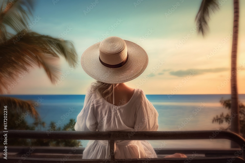 Woman On Vacation At Sunset With Copy Space Generative AI
