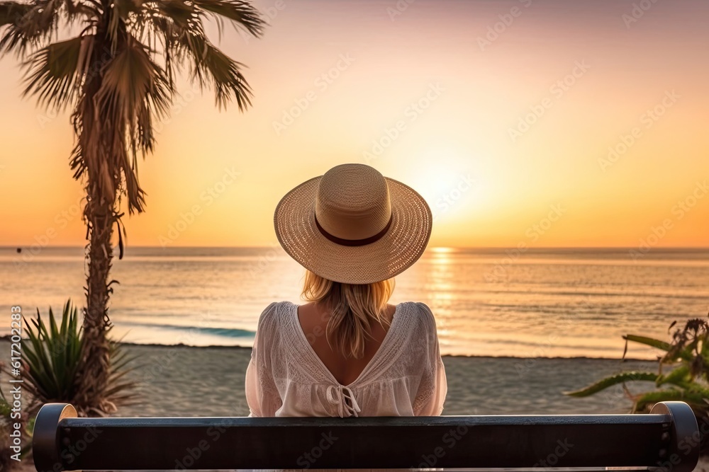 Woman Vacationing At Sunset With Copyspace Generative AI