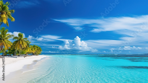 Beautiful tropical beach and sea with palm trees and blue sky  generative ai