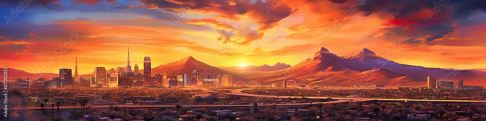 Banner City Vacation Sunrise Backdrop Generative AI