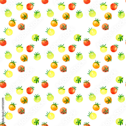Fototapeta Naklejka Na Ścianę i Meble -  プチトマトのシームレスパターン　手描き水彩イラストの野菜柄