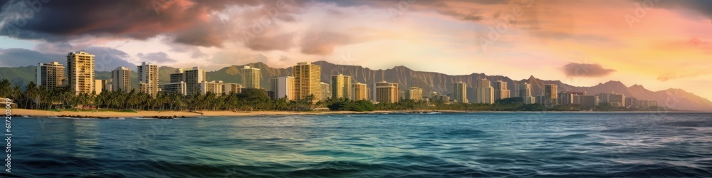 Obraz premium Banner Hawaii Vacation Ocean Backdrop Generative AI