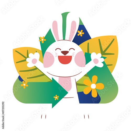 Happy White Rabbit With Recycle Sign  Leaves  Flowers  Save The Earth  Illustration