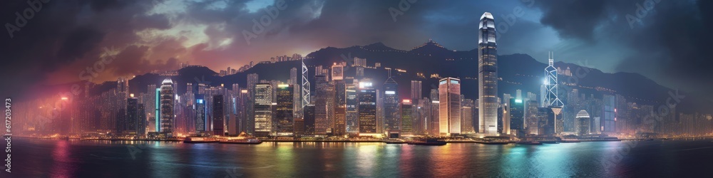 Banner Honk Kong City Skyline Nightlife Backdrop Generative AI