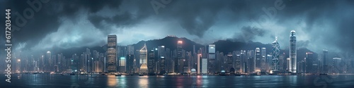 Banner Honk Kong City Skyline Nightime Backdrop Generative AI