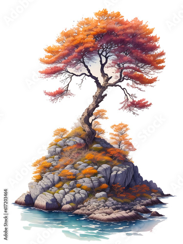 watercolor old tree on rocky shore on transparent background,generative ai