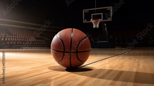 Basketball on wooden floor with stadium background