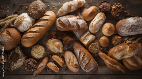 Top view of many kinds of bread on wood background