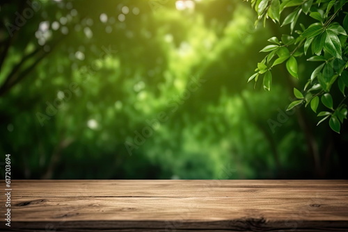wooden board with green nature background