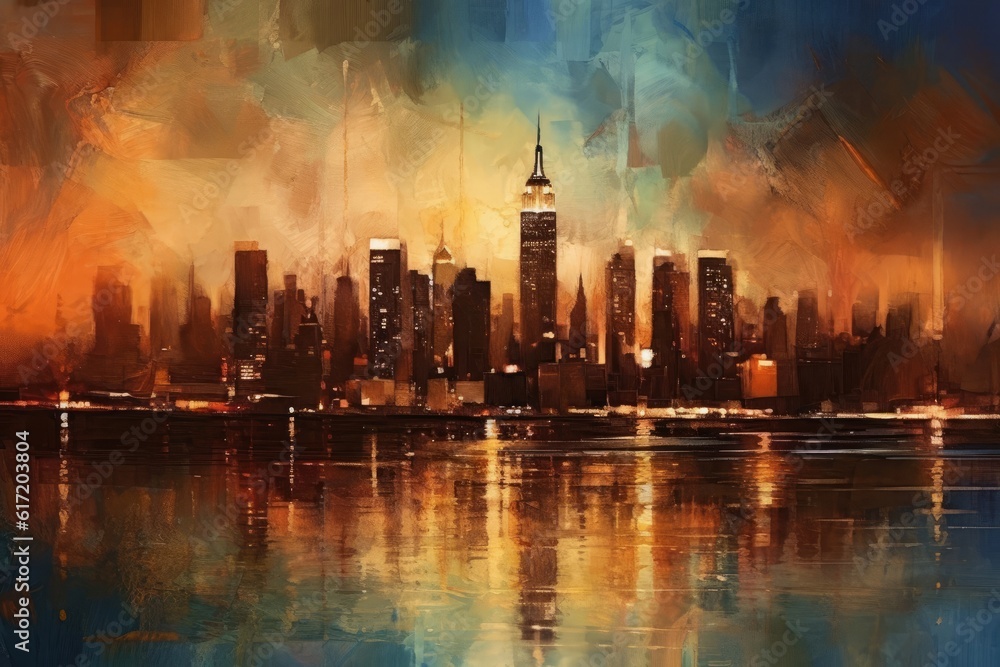 Illustrated New York Wide Angle View Background Generative AI