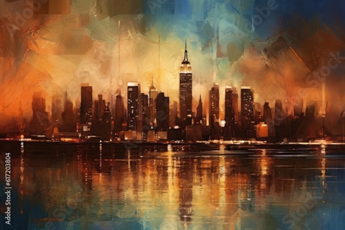 Illustrated New York Wide Angle View Background Generative AI