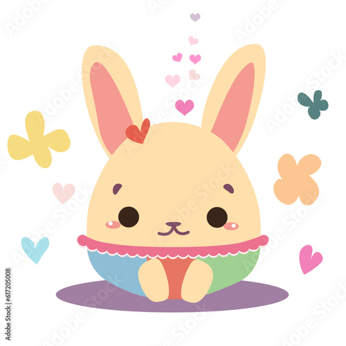Kwaii Easter bunny character shaped as egg. Cute baby bunny surrounded with flowers and hearts 