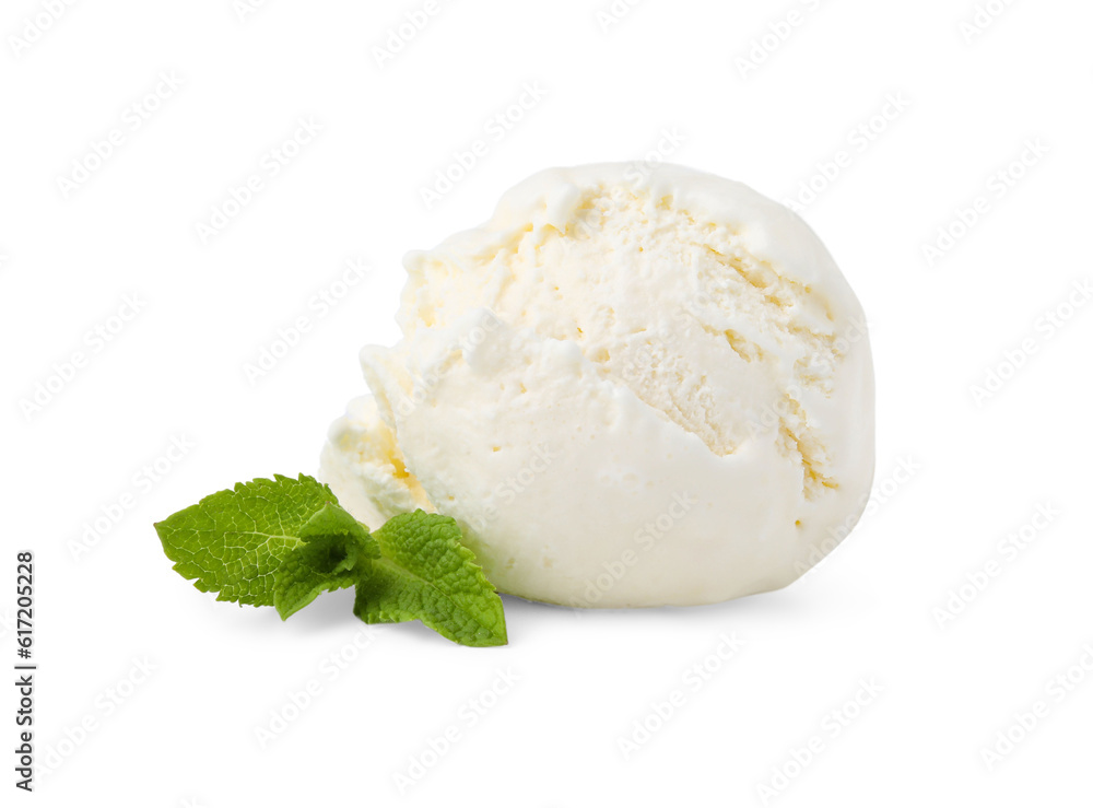 Scoop of delicious vanilla ice cream with mint isolated on white Scoop of delicious vanilla ice cream with mint isolated on white