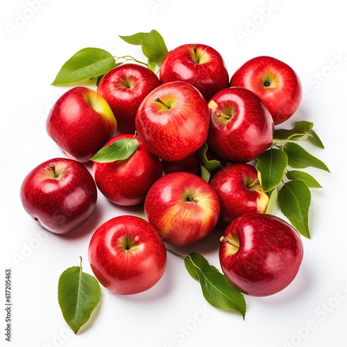 A bunch of apples with leaves on table white background