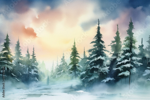 Watercolor spruce tree in the winter forest with snowfall Generative AI