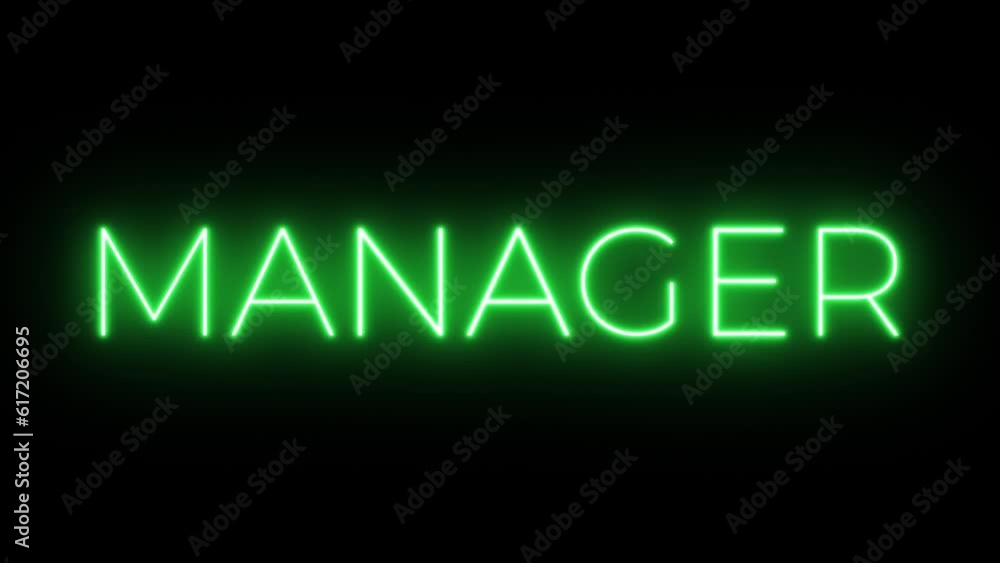 Flickering neon green glowing manager sign animated black background Flickering neon green glowing manager sign animated black background