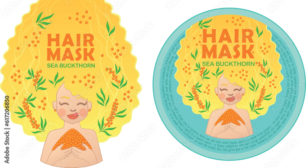 Sea buckthorn ingredient for hair mask packaging design. Vector illustration of cute blonde young woman enjoying sweet berries and taking care about her long healthy hair.
