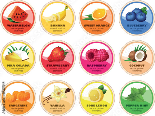 Round labels for packaging design. Fruit flavors vector illustration for lip balm cosmetics product. Circle shaped badges with berry flavors of strawberry, watermelon, vanilla, raspberry, lemon