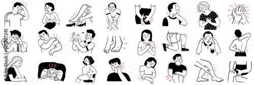 Cute character doodle style set of body human pain. Head, hand, leg, abdomen, chest, back, hand, toes. Outline, thin line art, hand drawn sketch design. 