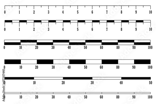 map scales graphics, measuring distance. set of metric rulers. Mackup for rulers. Measuring scales. Unit distances. Size indicators. Vector illustration. stock image.