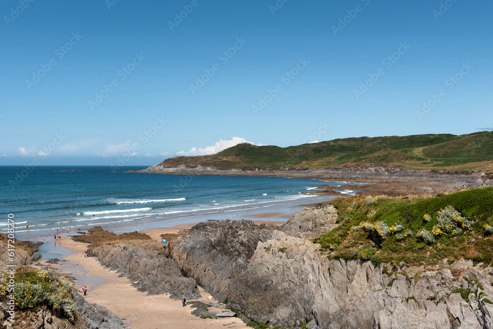 View of Barricane Beach, also known as Combesgate Beach, in Devon, UK