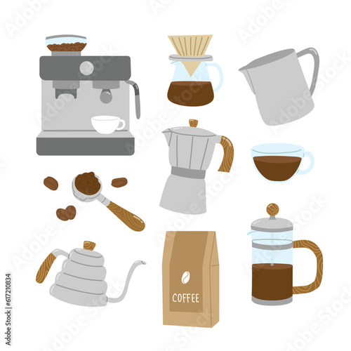 set of coffee and barista utensil or equipment