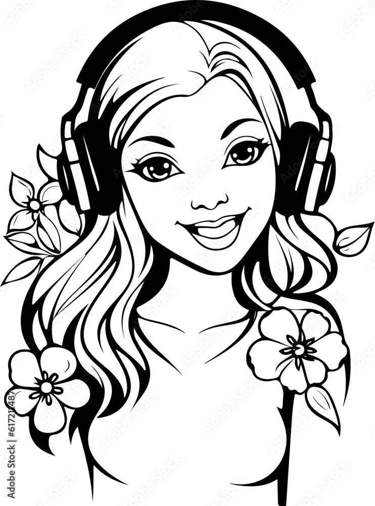 vector art of a cute girl wearing headphones listening to music
