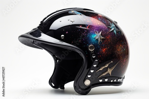 Helmet inspired by the cosmos, with a glossy black surface representing the depths of space, adorned with constellations, and a vibrant nebula spreading across the helmet