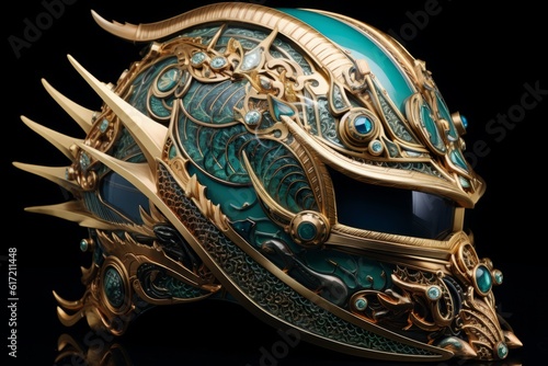 Helmet design that merges the worlds of fantasy and technology, an intricate design with metallic dragon scales, intricate engravings, and glowing gemstones