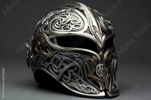 Helmet design that pays homage to ancient warriors. Incorporate motifs like intricate Celtic knotwork, ornate armor-like patterns, and a metallic finish that exudes strength and valor