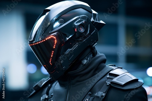 Cyberpunk-inspired warrior with an angular design helmet