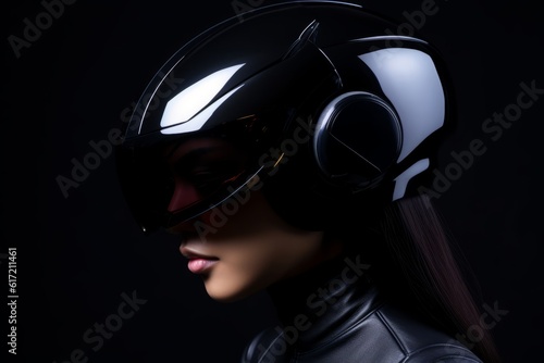 Cyberpunk woman helmet that blends sleek black matte surfaces with chrome accents and holographic projections, giving it a futuristic and edgy appearance