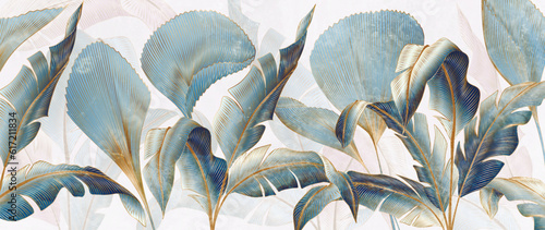 Luxury abstract art background with blue tropical leaves in hand drawn line style. Vector botanical watercolor banner for decoration design, print, textile, wallpaper, interior, poster