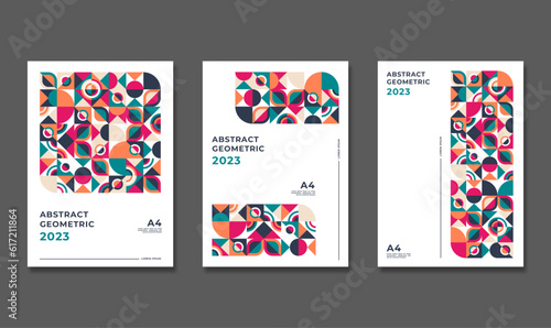 Colorful neo geometric poster. Grid with color geometrical shapes. Modern abstract promotional flyer background vector illustration set. Geometric template poster, brochure neo pattern